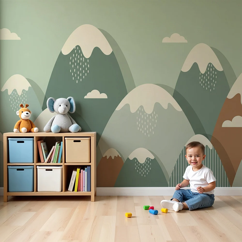 Tapety dla dzieci | Stylizowane góry z delikatnymi odcieniami i chmurami