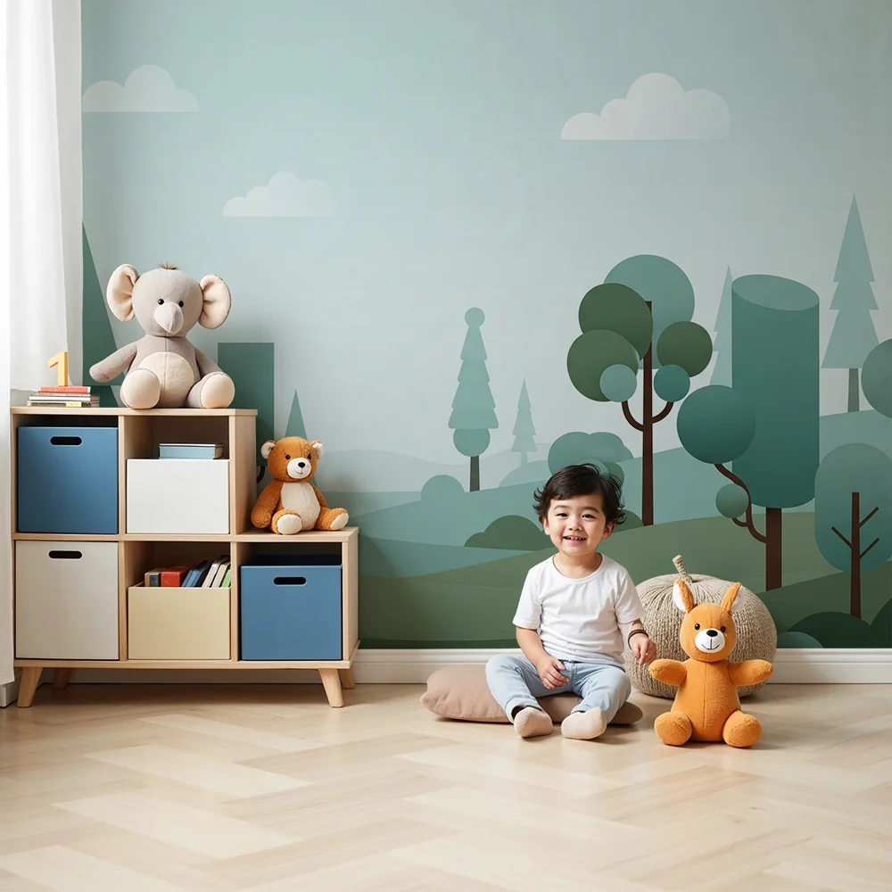 Tapety dla dzieci | Stylizowany las z geometrycznymi drzewami i miękkimi chmurami