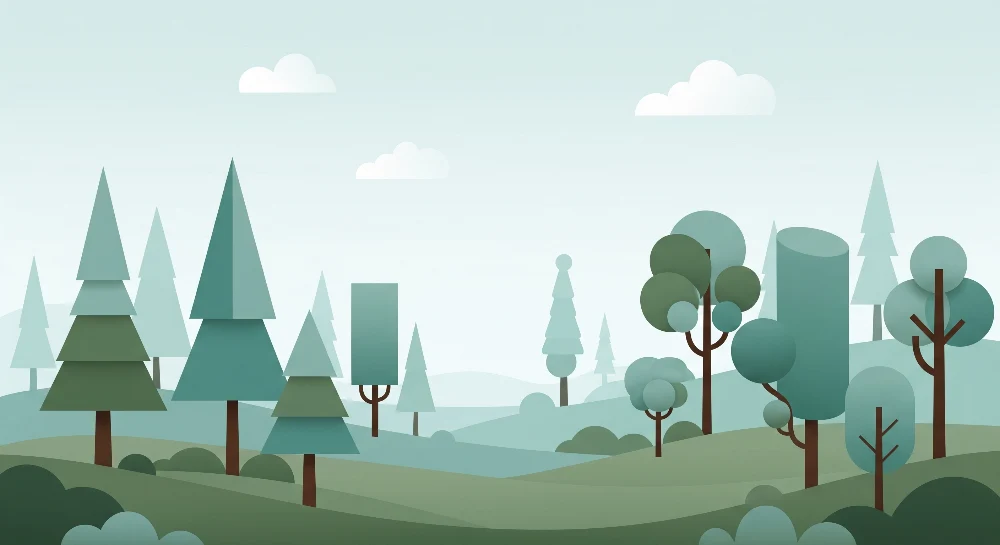 Tapety dla dzieci | Stylizowany las z geometrycznymi drzewami i miękkimi chmurami