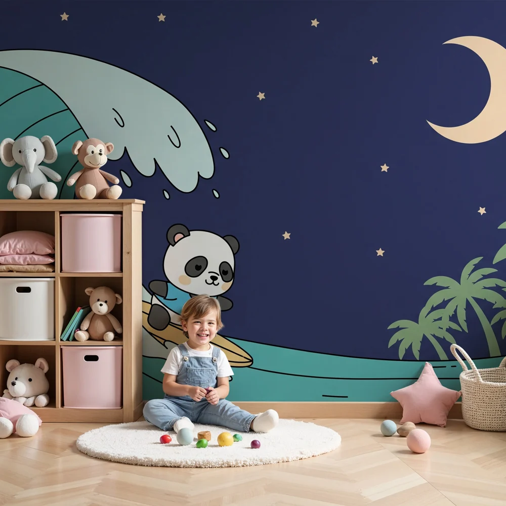 Tapety dla dzieci | Surfer panda pod księżycem i gwiazdami