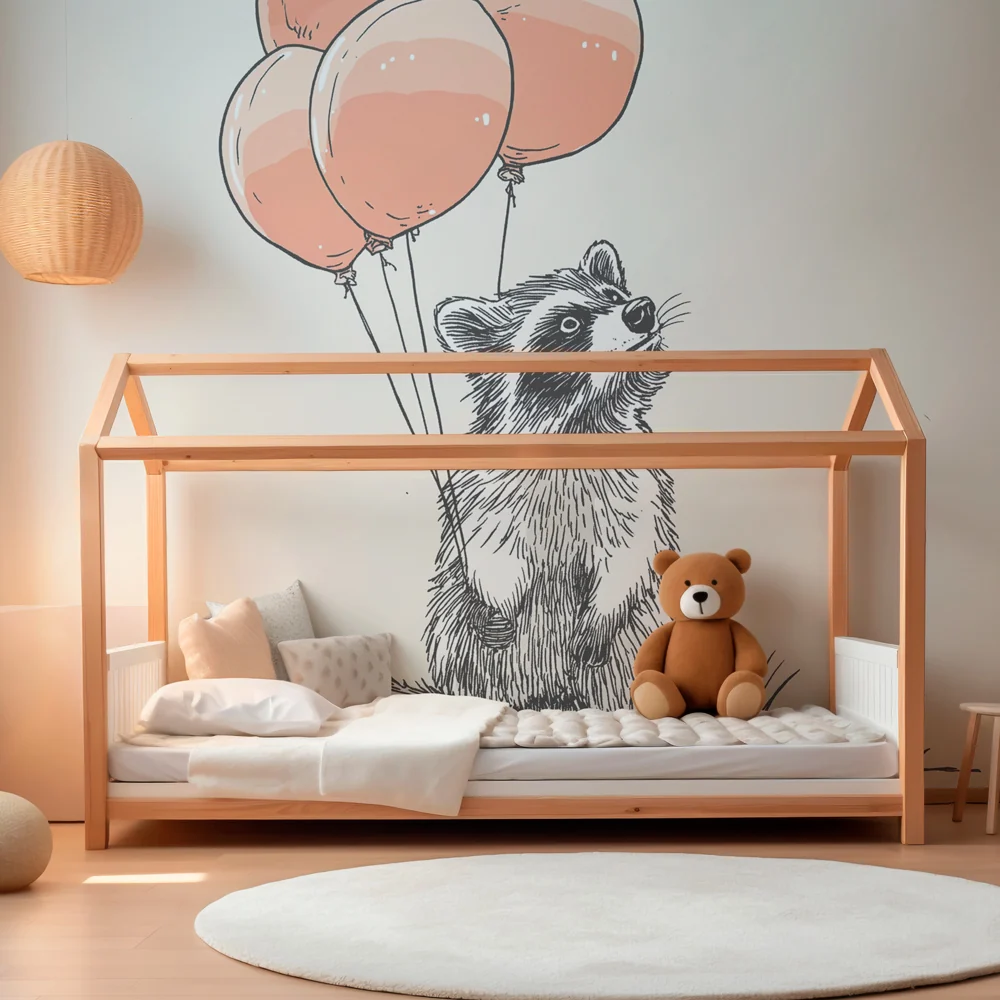Tapety dla dzieci | Szop pracz i różowe balony