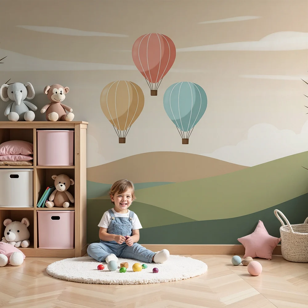 Tapety dla dzieci | Trzy kolorowe balony na tle łagodnego krajobrazu