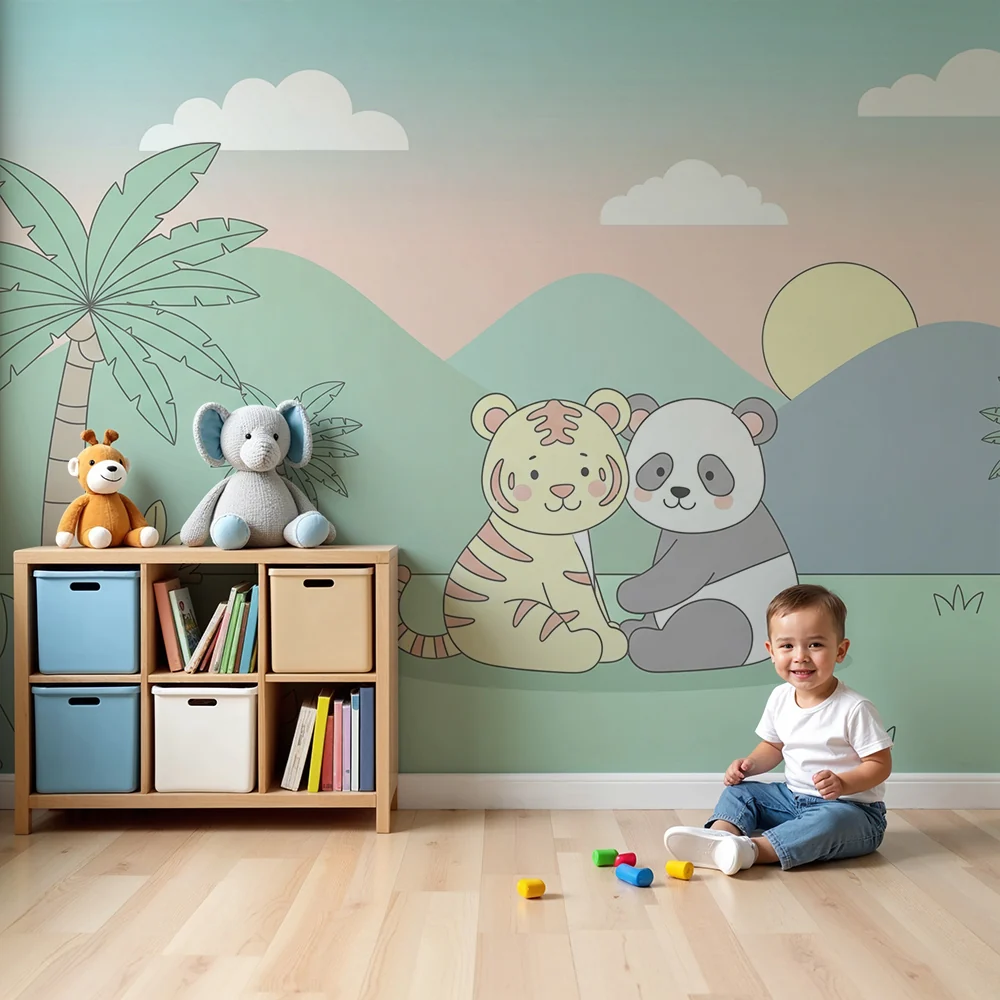 Tapety dla dzieci | Tygrys i panda w spokojnym tropikalnym krajobrazie