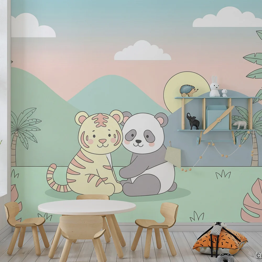 Tapety dla dzieci | Tygrys i panda w spokojnym tropikalnym krajobrazie