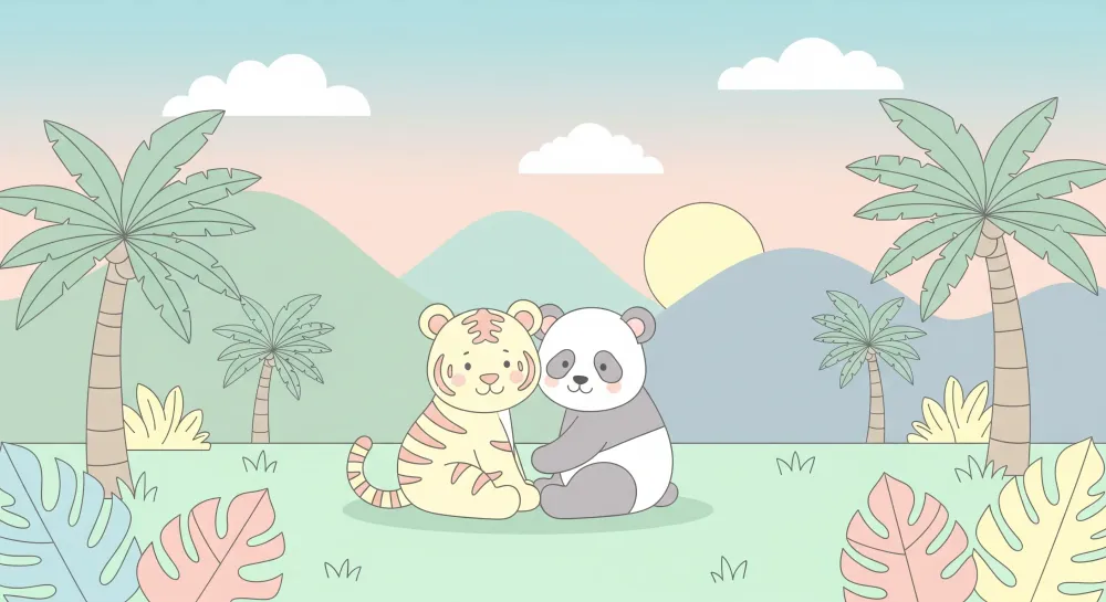 Tapety dla dzieci | Tygrys i panda w spokojnym tropikalnym krajobrazie