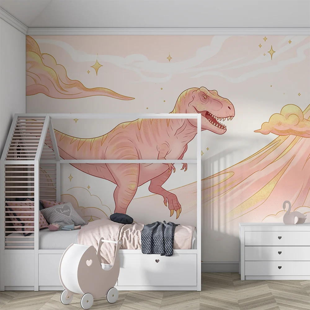 Tapety dla dzieci | Tyranozaur i wulkan na różowym gwiaździstym niebie