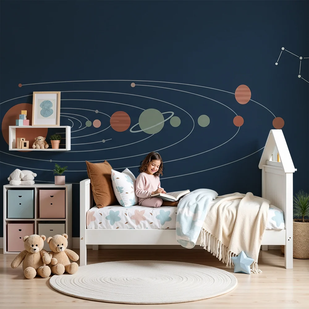 Tapety dla dzieci | Układ słoneczny tło w kolorze granatowym z kolorowymi planetami