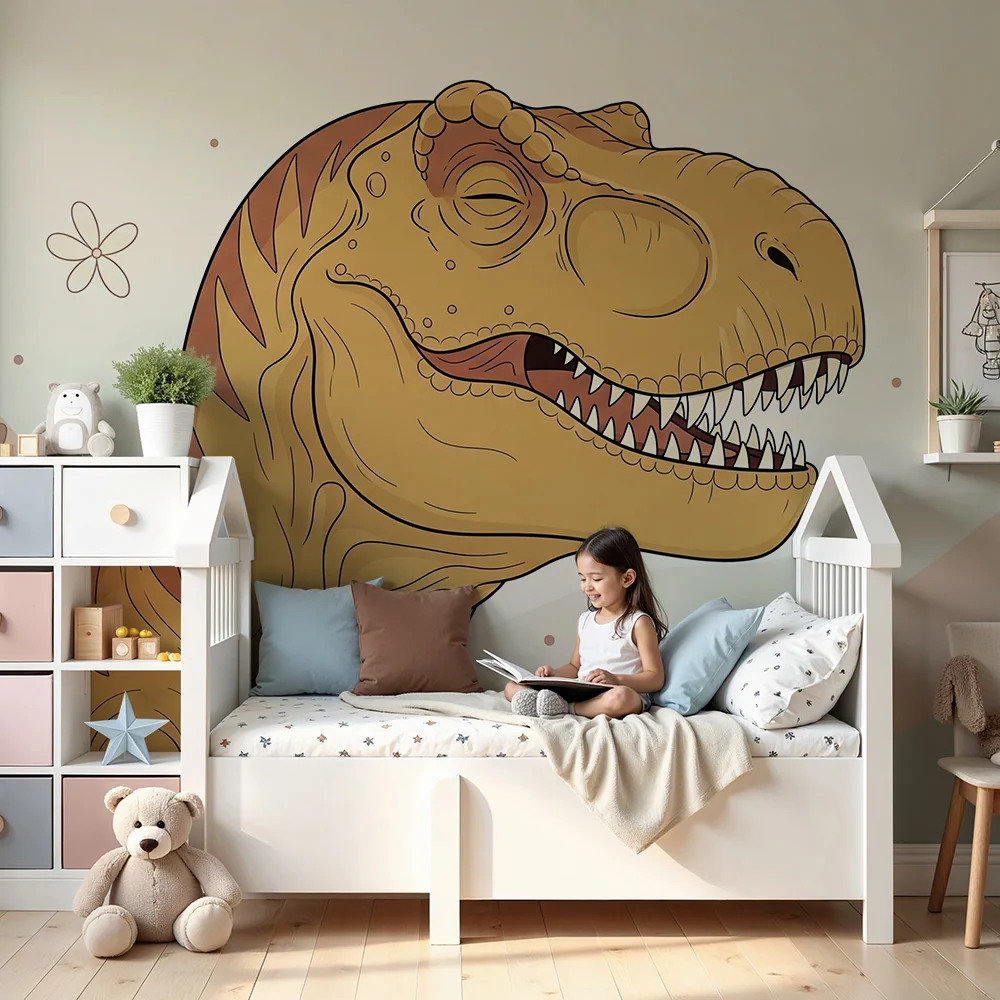 Tapety dla dzieci | Uśmiechnięty tyranozaur w pastelowym otoczeniu