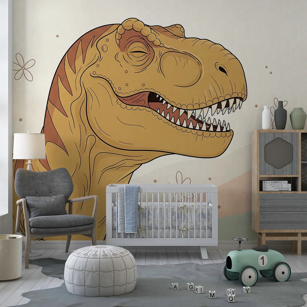 Tapety dla dzieci | Uśmiechnięty tyranozaur w pastelowym otoczeniu