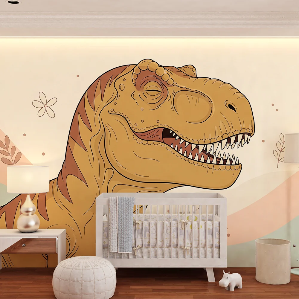 Tapety dla dzieci | Uśmiechnięty tyranozaur w pastelowym otoczeniu