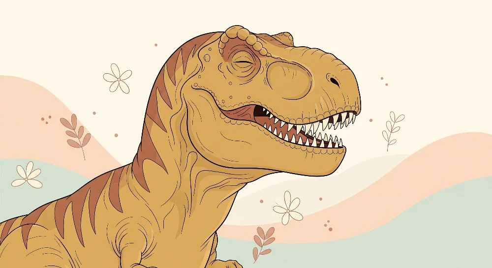 Tapety dla dzieci | Uśmiechnięty tyranozaur w pastelowym otoczeniu