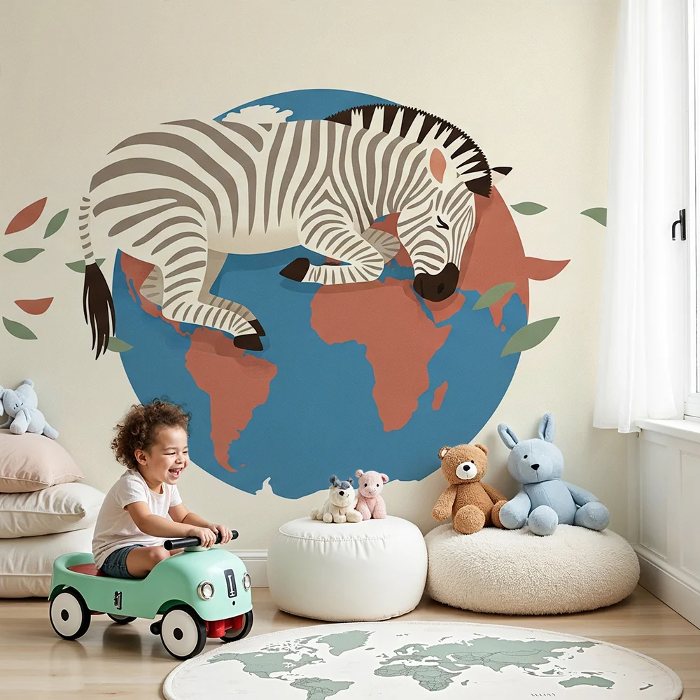 Tapety dla dzieci | Urocza zasypiająca zebra na kuli ziemskiej