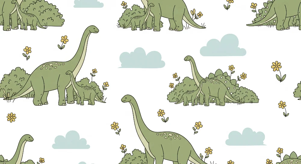 Tapety dla dzieci | Urocze dinozaury w zielonym krajobrazie