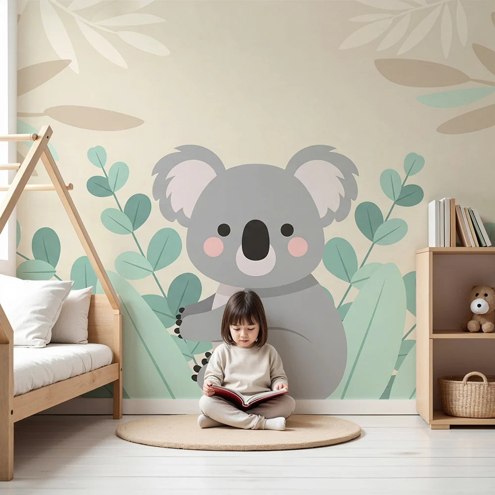 Tapety dla dzieci | Uroczy koala otoczony miękkim liśćmi