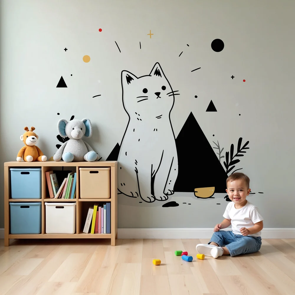 Tapety dla dzieci | Uroczy kociak i elementy geometryczne