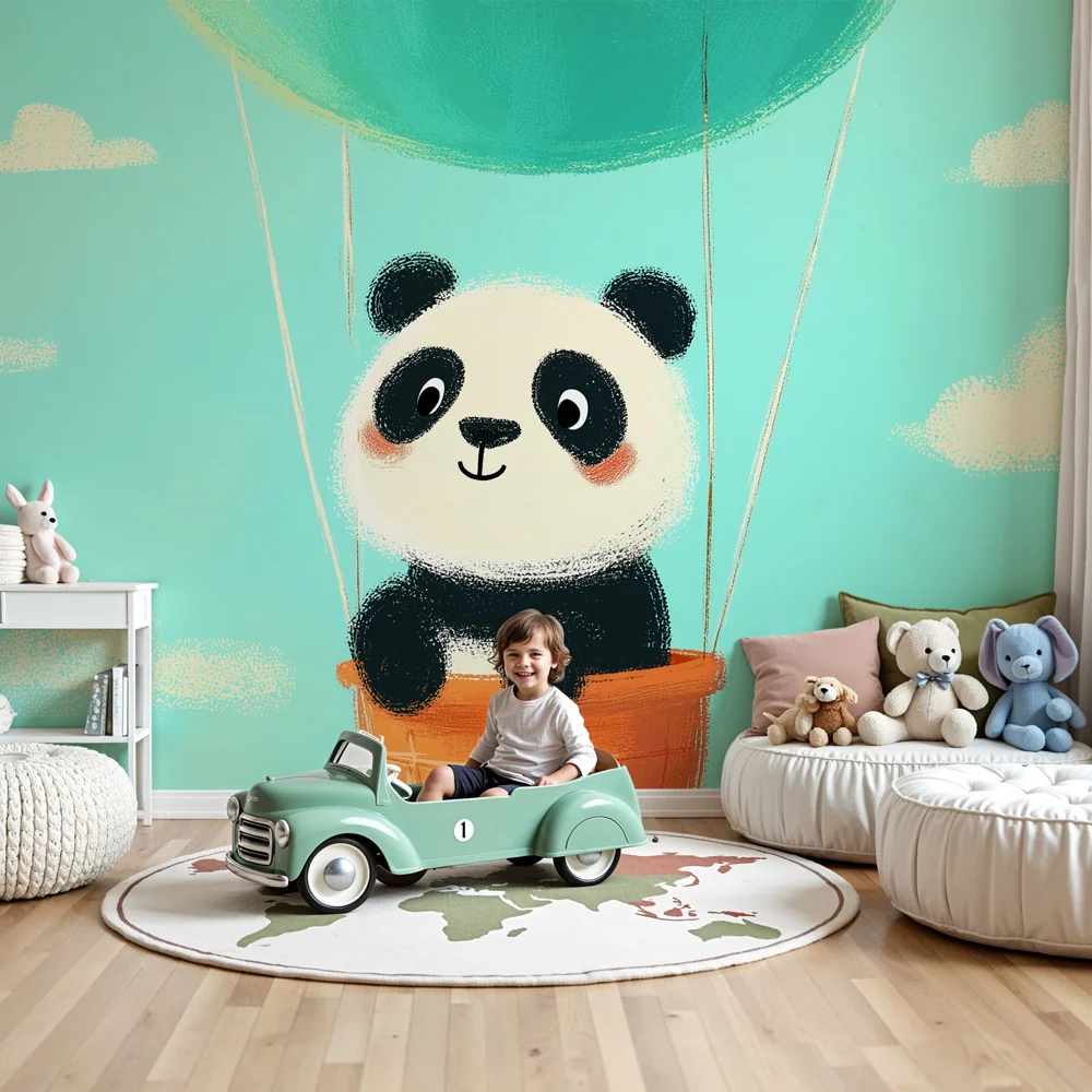 Tapety dla dzieci | Uroczy panda w balonie widokowym
