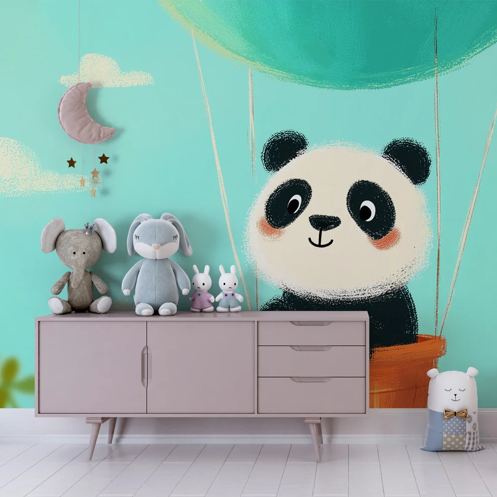 Tapety dla dzieci | Uroczy panda w balonie widokowym