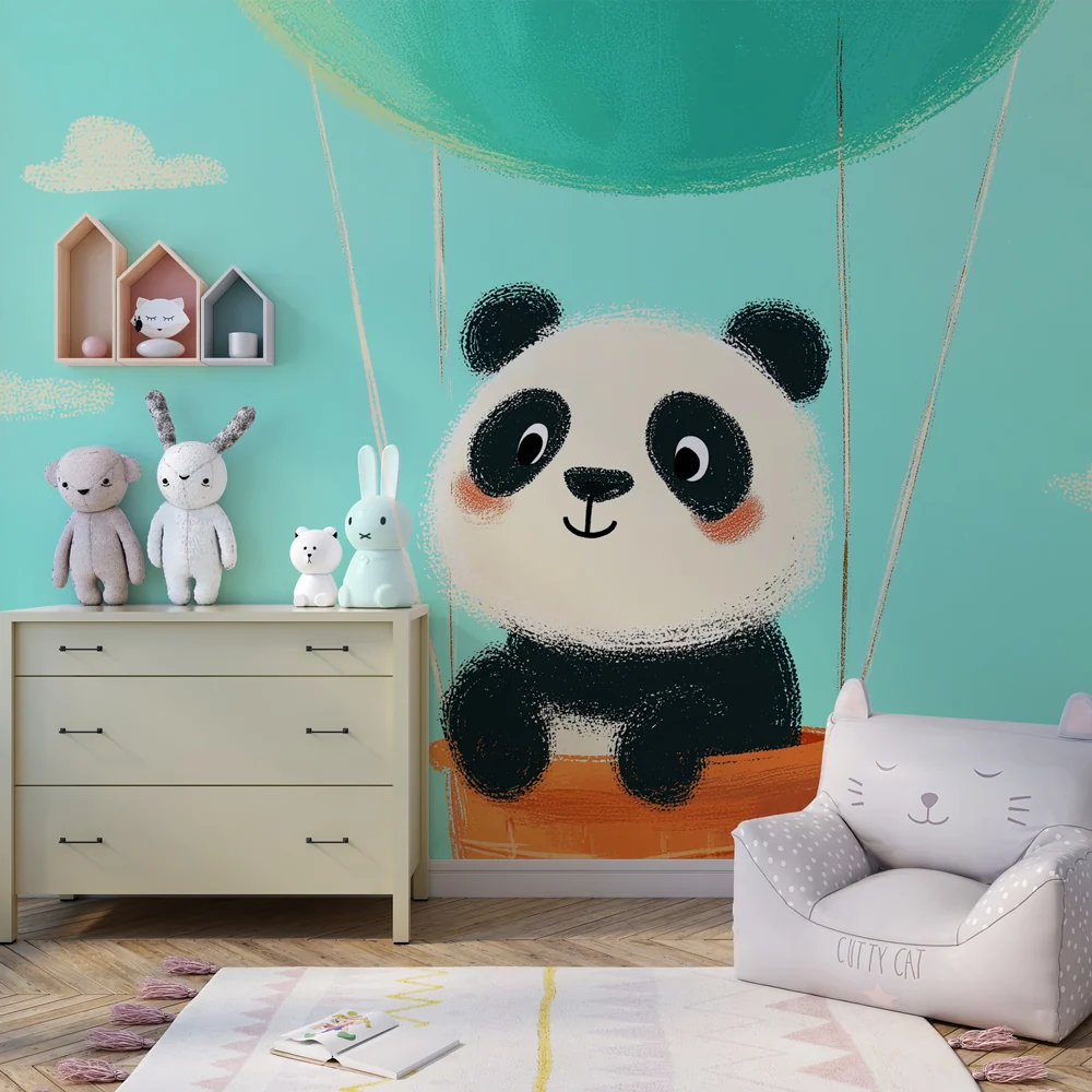 Tapety dla dzieci | Uroczy panda w balonie widokowym