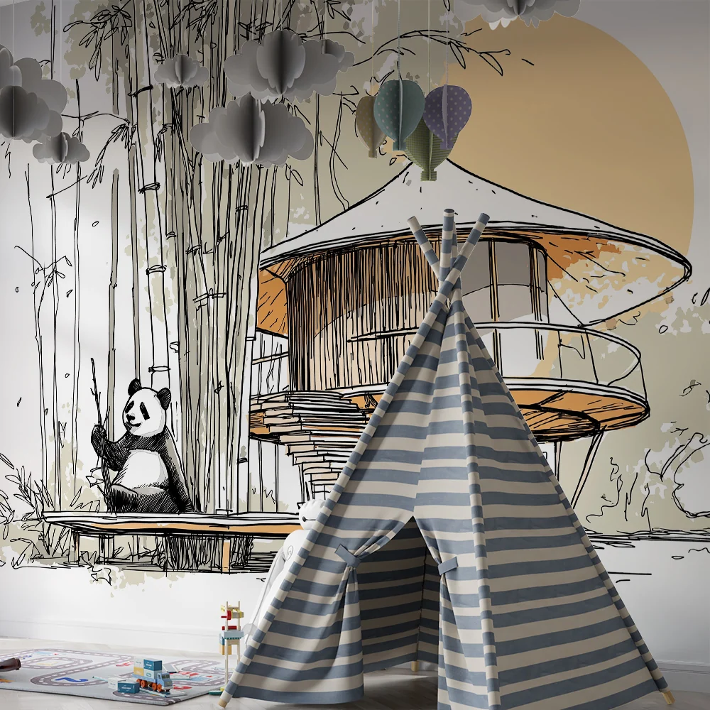Tapety dla dzieci | Uroczy panda i dom w bambusach