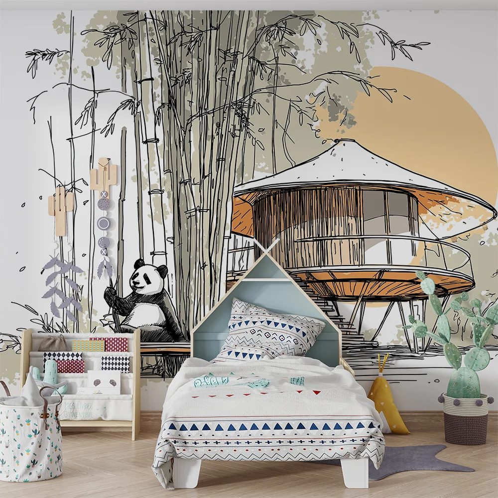 Tapety dla dzieci | Uroczy panda i dom w bambusach