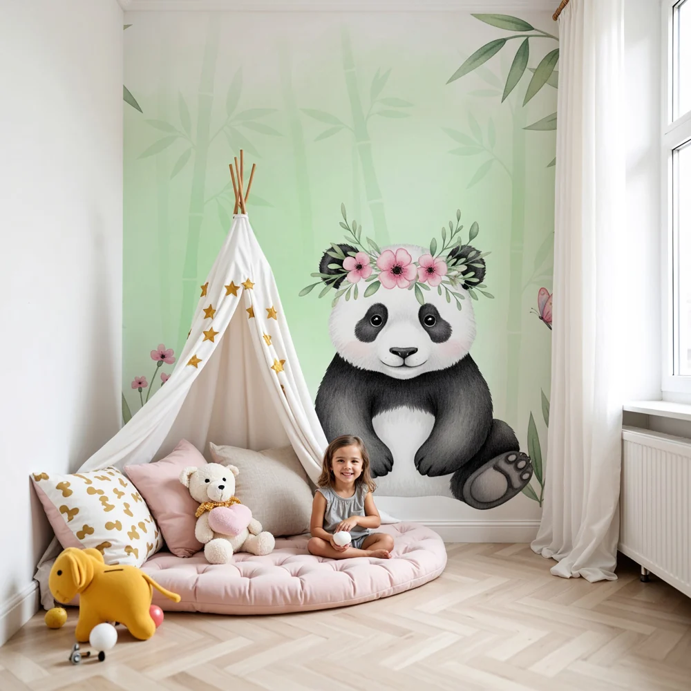 Tapety dla dzieci | Uroczy panda otoczony bambusem i kwiatami