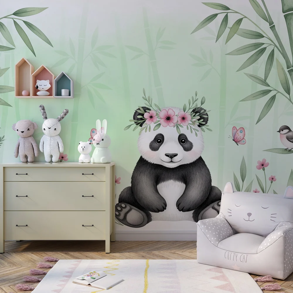 Tapety dla dzieci | Uroczy panda otoczony bambusem i kwiatami