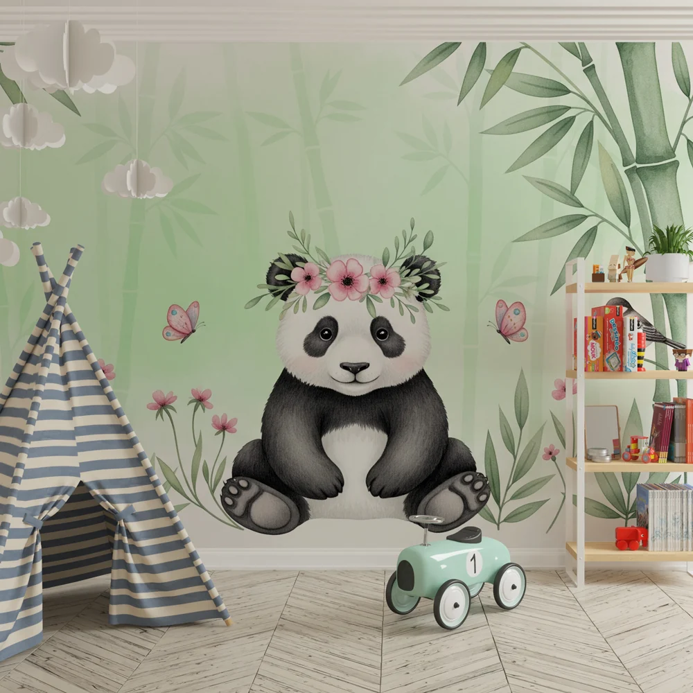 Tapety dla dzieci | Uroczy panda otoczony bambusem i kwiatami