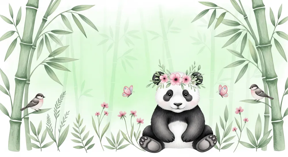 Tapety dla dzieci | Uroczy panda otoczony bambusem i kwiatami