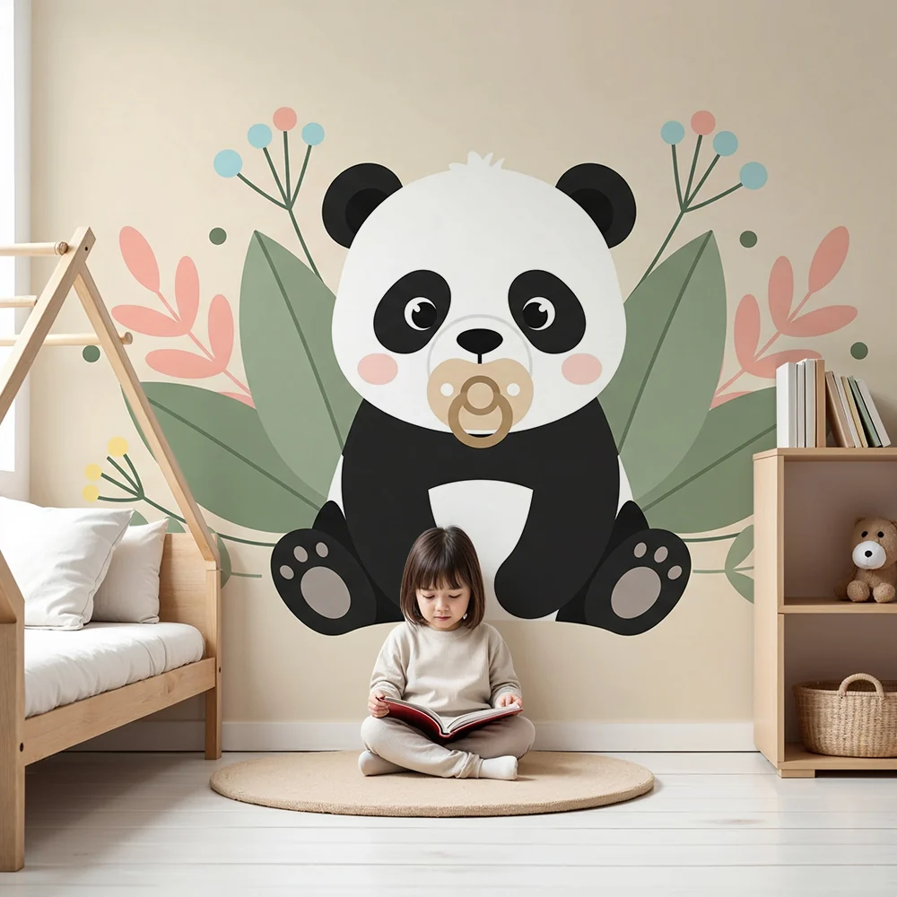 Tapety dla dzieci | Uroczy panda i pastelowe kwiaty