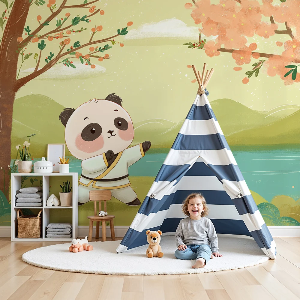 Tapety dla dzieci | Uroczy panda praktykujący sztuki walki nad jeziorem