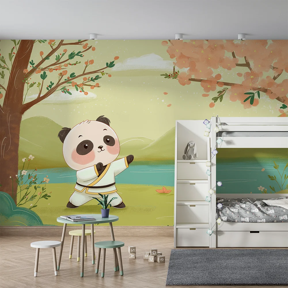 Tapety dla dzieci | Uroczy panda praktykujący sztuki walki nad jeziorem