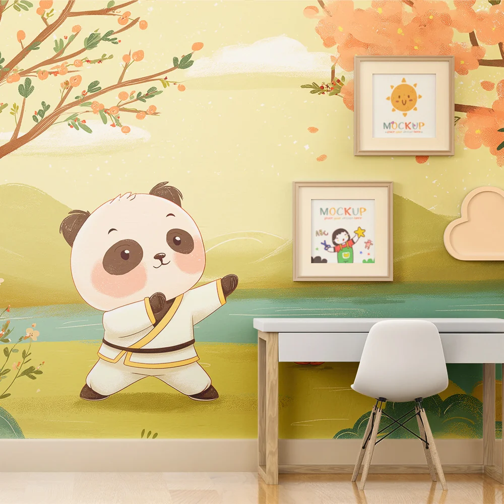 Tapety dla dzieci | Uroczy panda praktykujący sztuki walki nad jeziorem
