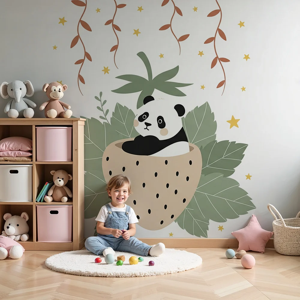 Tapety dla dzieci | Uroczy panda w truskawce