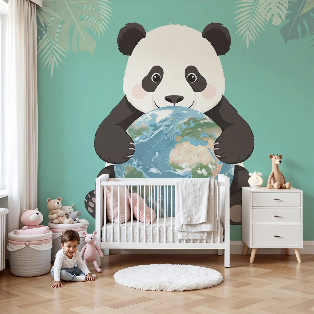 Tapety dla dzieci | Uroczy panda trzymający kulę ziemi w tropikalnej scenerii