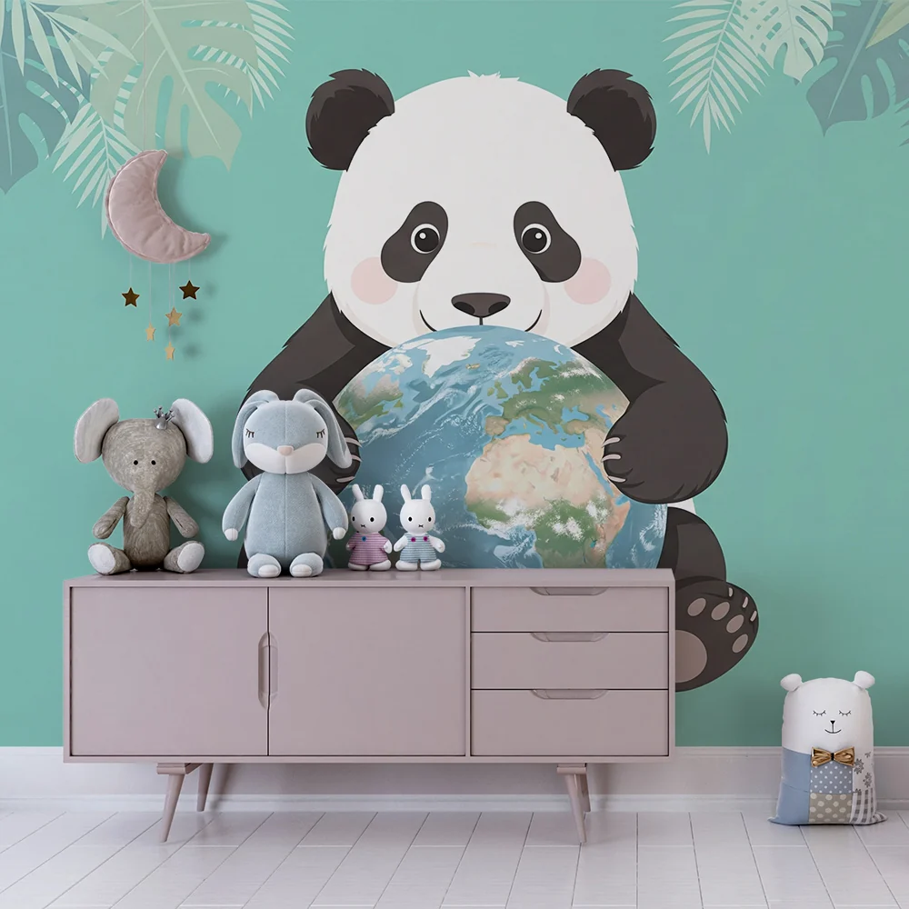 Tapety dla dzieci | Uroczy panda trzymający kulę ziemi w tropikalnej scenerii