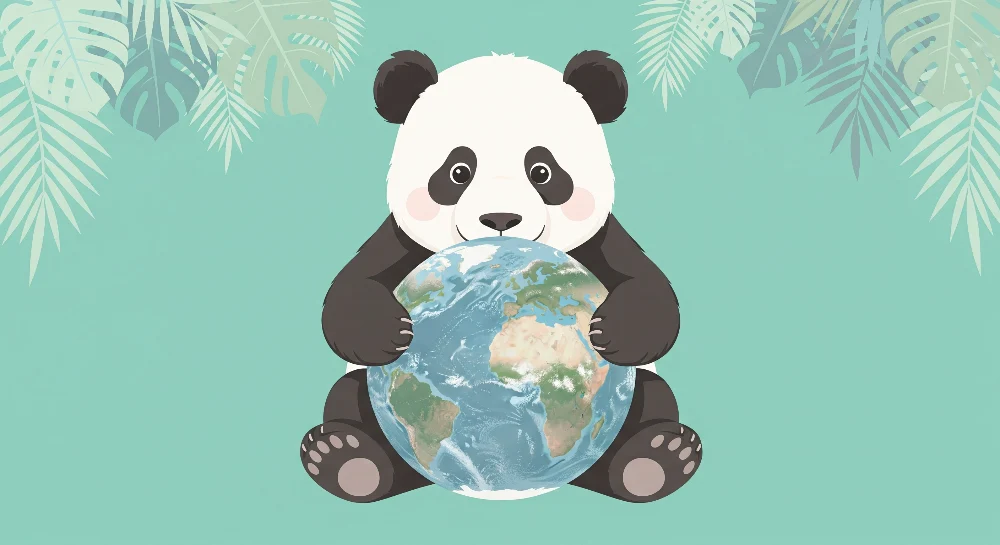 Tapety dla dzieci | Uroczy panda trzymający kulę ziemi w tropikalnej scenerii