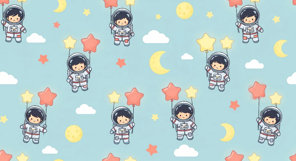 Tapety dla dzieci | Wesołe astronauty dryfujące między gwiazdami i księżycami