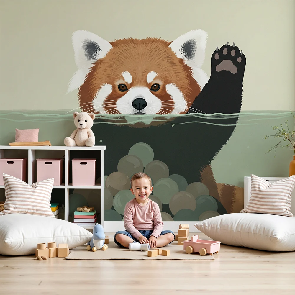 Tapety dla dzieci | Wesoły czerwony panda w wodzie z kolorowymi kulkami