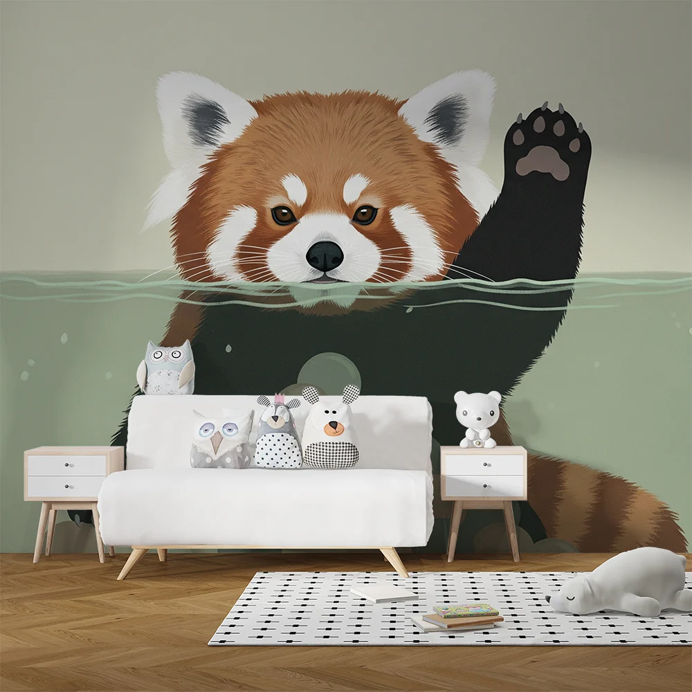Tapety dla dzieci | Wesoły czerwony panda w wodzie z kolorowymi kulkami