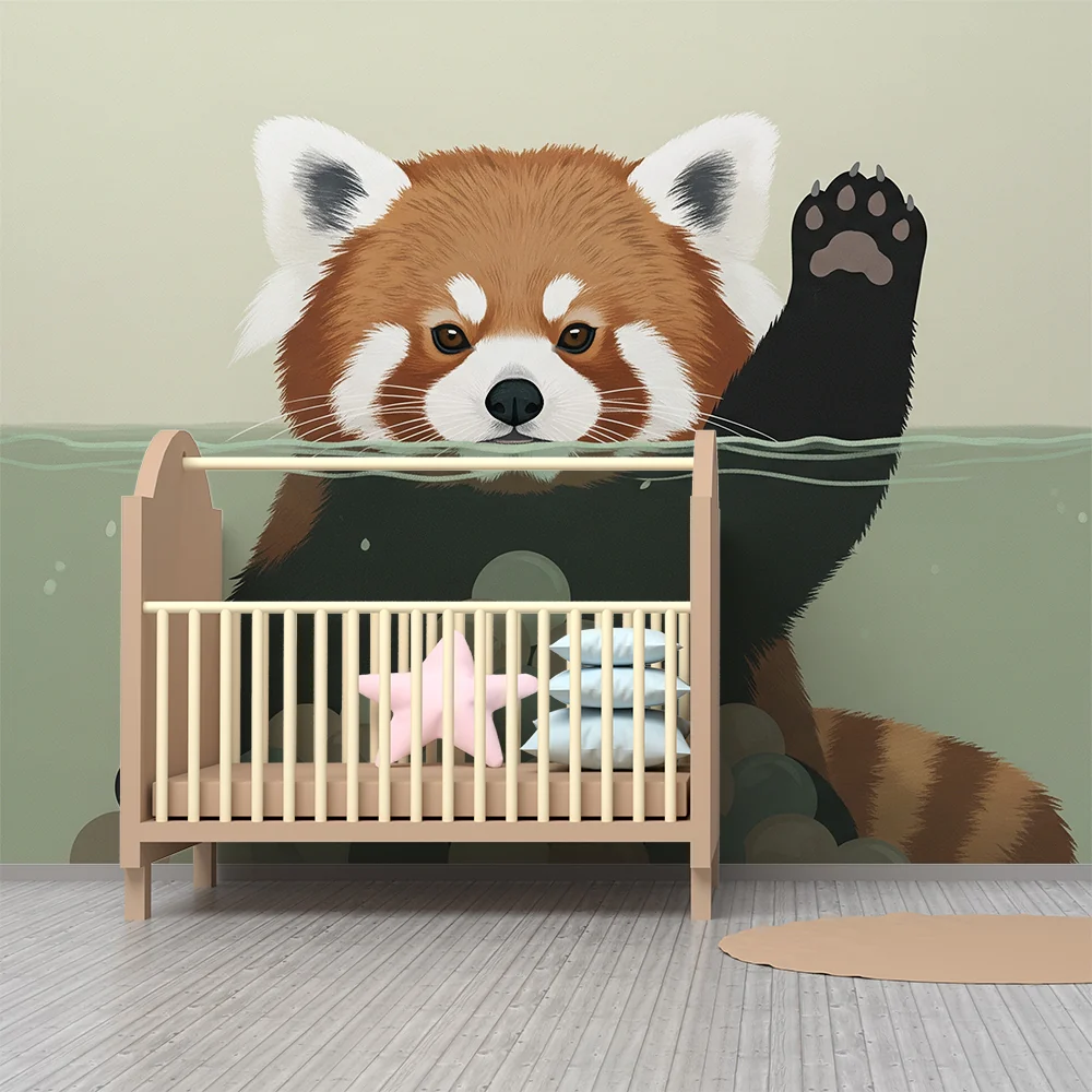 Tapety dla dzieci | Wesoły czerwony panda w wodzie z kolorowymi kulkami