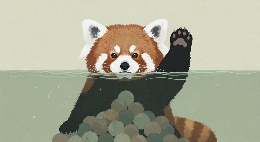 Tapety dla dzieci | Wesoły czerwony panda w wodzie z kolorowymi kulkami