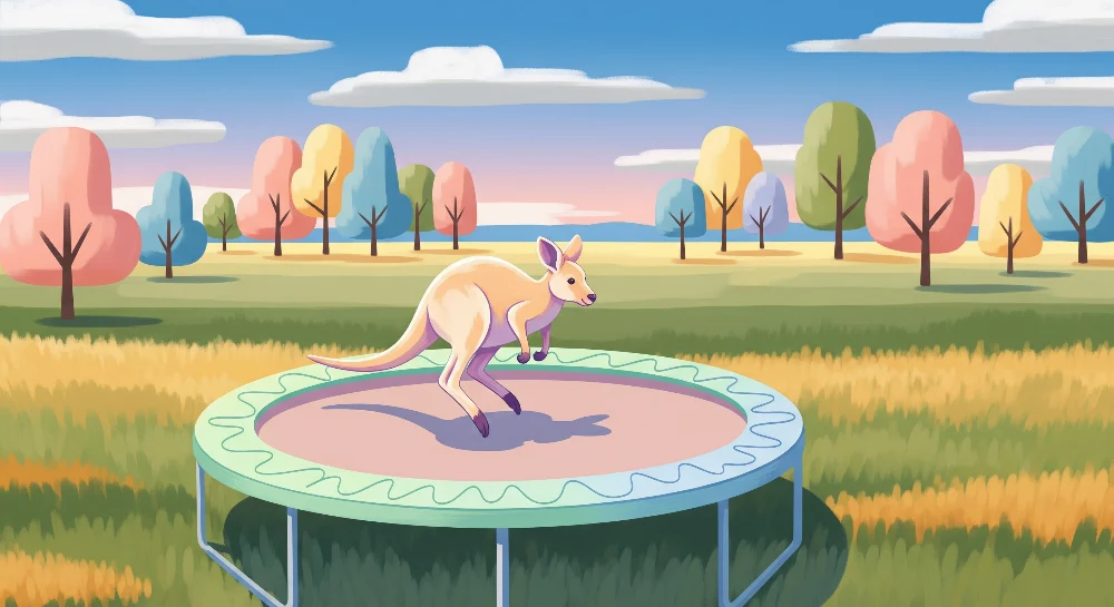 Tapety dla dzieci | Wesoły kangur skaczący na trampolinie w kolorowym krajobrazie