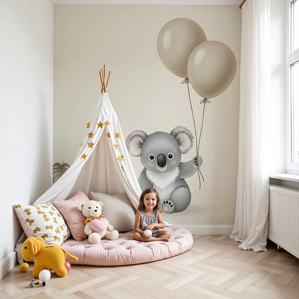 Tapety dla dzieci | Wesoły koala z balonami i liśćmi