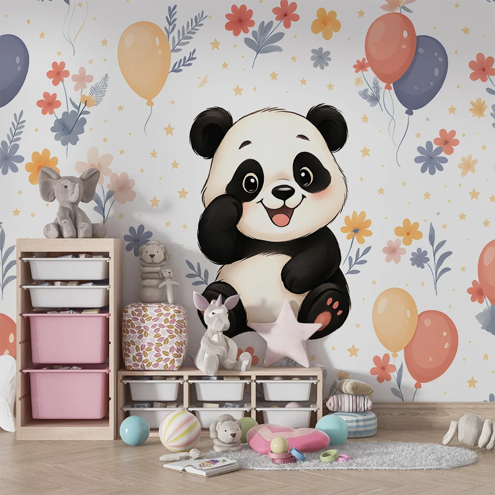 Tapety dla dzieci | Wesoły panda i kolorowe balony