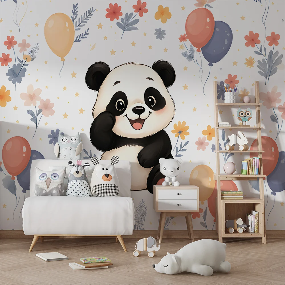 Tapety dla dzieci | Wesoły panda i kolorowe balony