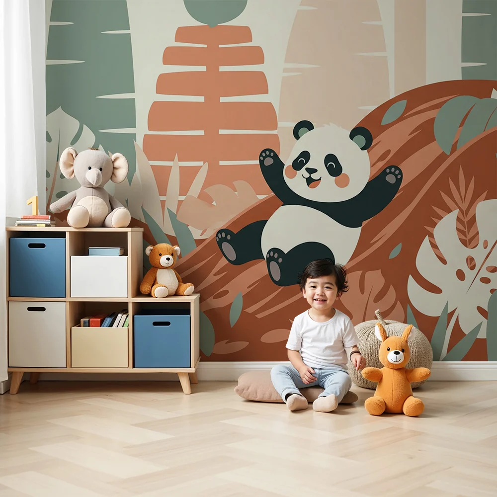 Tapety dla dzieci | Wesoły panda w kolorowej dżungli