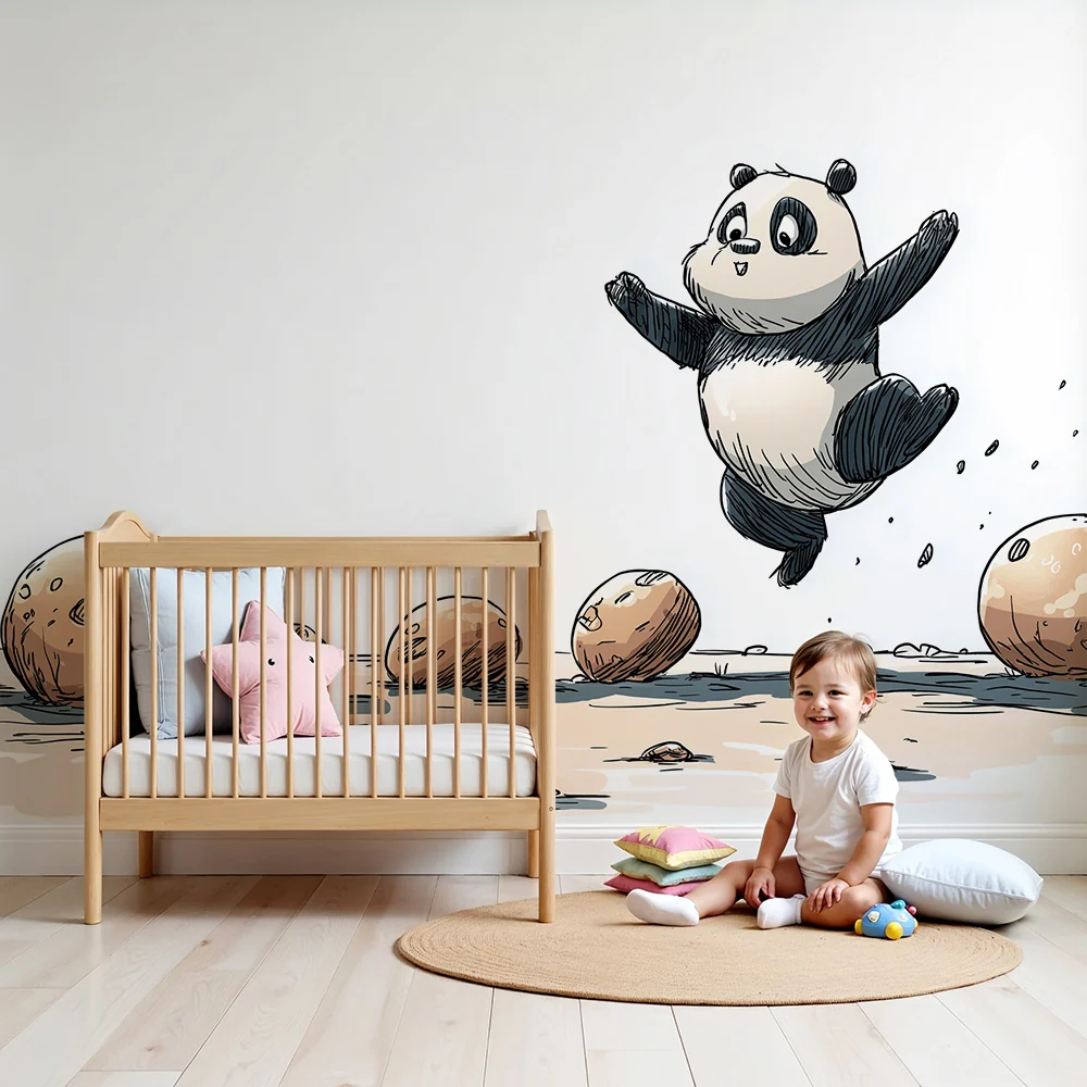 Tapety dla dzieci | Wesoły panda skaczący między okrągłymi kamieniami