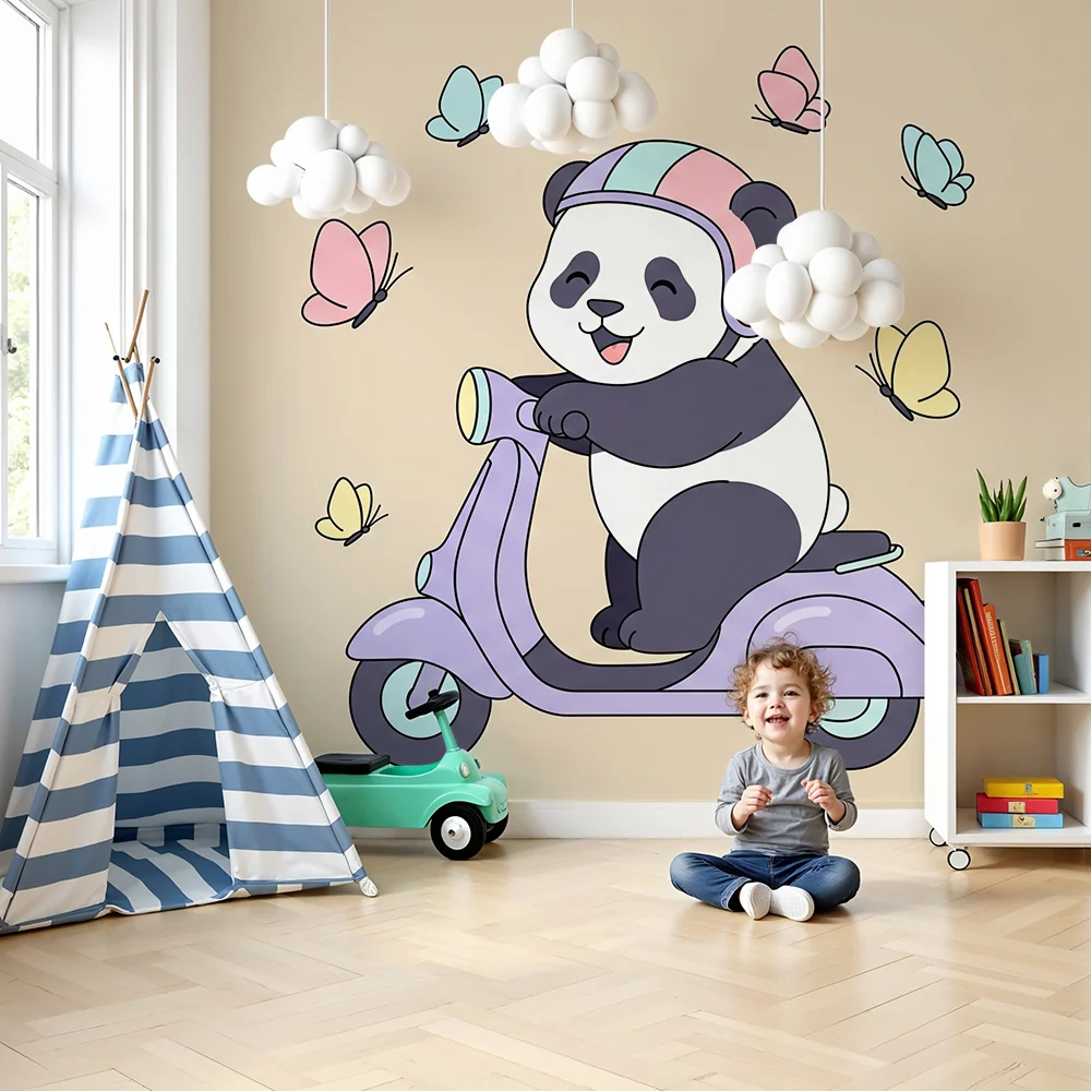 Tapety dla dzieci | Wesoły panda na skuterze z motylami