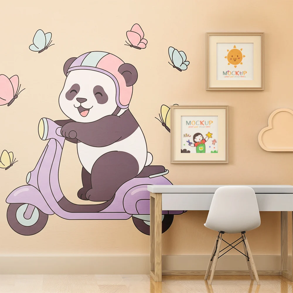 Tapety dla dzieci | Wesoły panda na skuterze z motylami