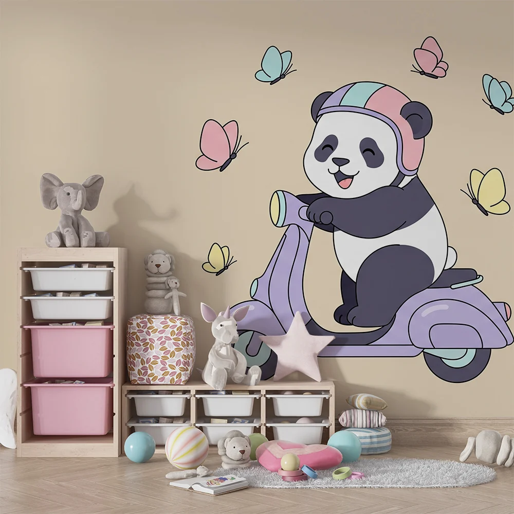 Tapety dla dzieci | Wesoły panda na skuterze z motylami